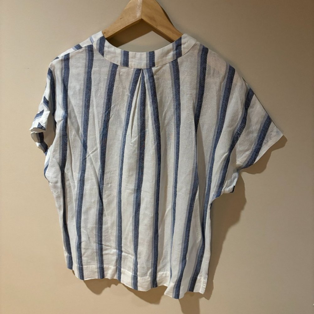 Marine Layer Linen Blend Striped V Neck Top - Medium, White Blue - Picture 3 of 7